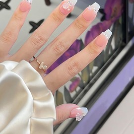 24Pcs Pink Press on Nails Medium Square Fake Nails with 3D Pearl Flower Charms Camellia Flower False Nails Full Cover Glossy Acrylic Nails Rhinestones Glue on Nails for Women Girls Nail Art Supplies