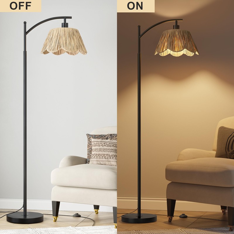 Oneach Boho Rattan Floor Lamp for Living Room, Farmhouse Standing