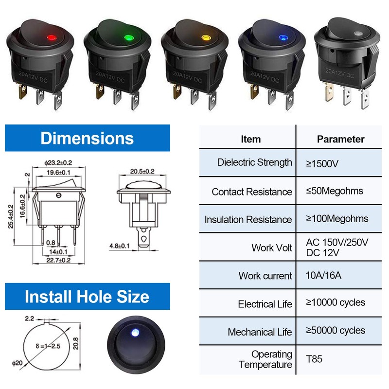 10 Pcs 12V Switch, XCOZU 20A 12 Volt Switch Auto