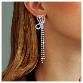 Sttiafay Vintage Crystal Chandelier Drop Earrings Long Rhinestone Chain Earrings Silver Cz Bow Tassel Earrings Sparkly Bridal Tennis Chain Earrings Jewelry for Women