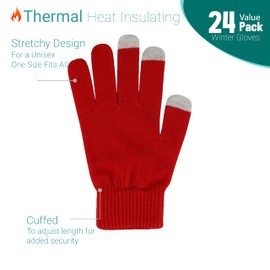 24 Pairs Touch Screen Winter Gloves, Thermal Bulk Pack, Lightweight Warm Soft Stretchy Brushed Interior (Assorted Colors, One Size)