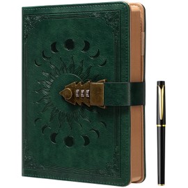 ZXHQ Lock Journal with Pen, A5 240 Pages Diary with Lock, Brown Edge, Refillable, Leather Hardcover (8.5 × 5.9inch) Dark Green