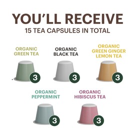 G GRANA Tea Pods, Compatible with Nespresso OriginalLine, 15 Count, Variety Pack of Green Tea, Black Tea, Green Ginger Lemon, Peppermint, and Hibiscus Teas, USDA Organic, Single Serve Capsules