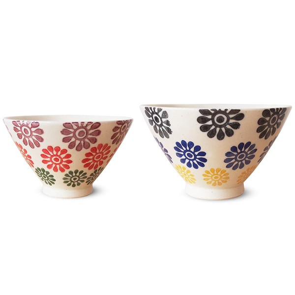 J-kitchens Pair of Izan Kiln Rice Bowls, 4.9 & 4.5 inches (12.6 & 11.5 cm), Hasami Ware, Made in Japan, Flowers, Small Pattern