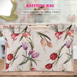 AILOOCEDI Knitting Needle Storage, Foldable Knitting Bag Yarn Organizer Bag, Exquisite Wood Handle Fabric Storage Bag for Knitting Needles Sewing Tools (Rose Jacquard)