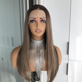 mytonecoo Highlight Brown Lace Front Wig 13x4 Pre Plucked Synthetic Lace Front Wig Straight Glueless Wig for Women Heat Resistant Fiber Wig for Daily Use 18 Inch