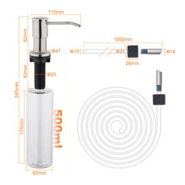 Ibergrif M34040A Kitchen Sink Soap Dispenser Built in, Replacement Sink Dispenser Pump with 500ML Bottle and 100CM Extension Tube Kit, Stainless Steel