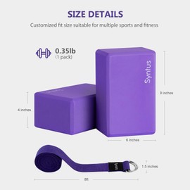 Syntus Yoga Block and Strap Set, 2 EVA Foam Soft Non-Slip Blocks 9×6×4 inches, 8FT Metal D-Ring Strap for Yoga, General Fitness, Pilates, Stretching and Toning