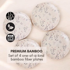 ilohaus 4-Pack 8" Bamboo Fiber Dinner Plates - Unbreakable Plates Alternative to Plastic Plates, Ceramic Plates, Food-Grade Bamboo Plates Reusable, BPA Free, Kids Plates (Fleur)