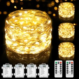 Lakumu 4-Pack 33FT 100 LED Fairy Lights Battery Operated, Remote Control String Lights with Timer, 8 Modes Waterproof Outdoor Twinkle Lights for Bedroom Classroom Dorm DIY Christmas Party, Warm White