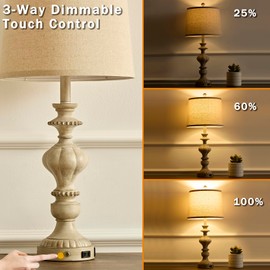 SAIWEYA 27.5" Farmhouse Table Lamps Set of 2 Bedside Lamp with USB C+A Ports & AC Outlet, 3 Way Dimmable Touch Lamps for Living Room Bedroom Office Study Room Rustic Nightstand Traditional Lamp