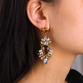 Allereya Vintage Cz Chandelier Dangle Earrings Gold Art Deco Bridal Earrings Long Crystal Chandelier Earrings Gemstone Statement Earrings Faux Citrine Earrings Jewelry for Women
