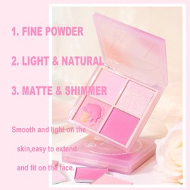 Blushers for Cheeks,4 Colors Matte Shimmer Blush Palette,Rose Blush Powder Long-Lasting,Coral Pink Face Blush & glitter highlighter Make Up for Women Create Natural Look