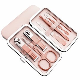 QURIPE Juego de manicura de 7 piezas, kit de cortaúñas, kit de manicura de acero inoxidable, herramientas de corte de uñas, kit de aseo portátil de vi