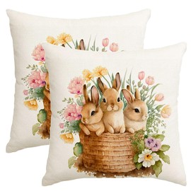 ARGOOFG Easter Bunny Pink Tulip Throw Pillow Covers,18x18 Inch Easter Bunny Spring Outdoor Farmhouse Cushion Case Decorations for Sofa Couch Set of 2