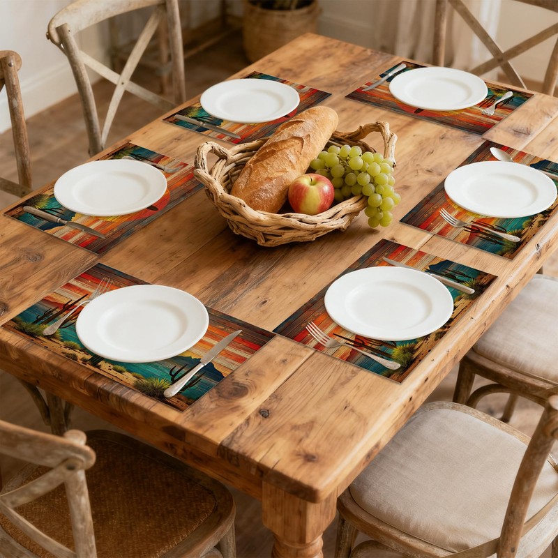 Boho Cactus Placemats Set of 6 Linen Table Mats, 12x18