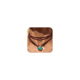 Boho Choker Necklace for Women Brown Suede Choker Necklace Trendy Boho Layered Leather Necklace Western Turquoise Necklace (E)