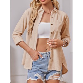 AXUIOKRY Long Sleeve Button Up Shirts for Women Linen Button Down Blouse Gauze Tops V Neck Clothing with Pocket Khaki M