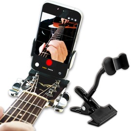 Guitar Headstock Phone Holder, Fits Phones 2.36–3.23", 3.54" Flexible Hose + 360° Ball Head, Silicone-Padded Clip for Ukulele Acoustic Electric Bass, Recording & Live Streaming