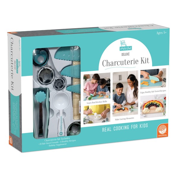 MindWare Playful Chef: Deluxe Charcuterie Kit – Real Kids Cooking Sets - 25 Kids Cooking Utensils Including Safe Kids Knife Set, Charcuterie Board, Cutting Board - Ages 5+
