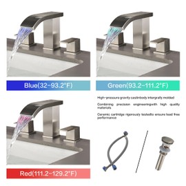 Bathroom Faucets Bathroom Faucet 3 Hole Waterfall Faucet Widespread Faucet Bathroom Vanity Faucet Bathroom Sink Faucet for 3 Hole with LED Light with Pop Up Drain and Supply Hose Brushed Nickel