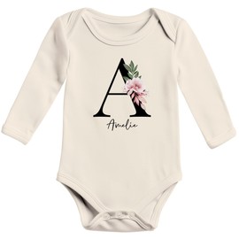 SpecialMe® Baby Body personalisiert mit Name Monogramm Blüten Anfangsbuchstabe anpassbar Geschenk Geburt Bio-Baumwolle natur 12-18 Monate