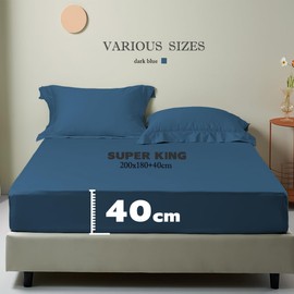 Fitted Sheet Super King Size, 180x200+40cm Navy Blue Fitted Sheet - Easy Care and Clean - Soft Material - Shrinkage and Fade Resistant - Deep Bottom Sheet