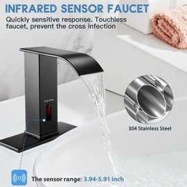 CDLODIN Automatic Sensor Touchless Bathroom Faucet, Matte Black Waterfall Bathroom Faucet for Sink 1 Hole, Modern Single Hole Bathroom Sink Faucet Stainless, Hands Free Motion Sensor Lavatory Faucet
