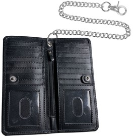 CLASSIC Motorcycle Chain Wallet for Men – Premium Cowhide Leather, RFID Bi-Fold Biker Wallet with Heavy Duty Chain for Bikers Truckers & Hunters, Credit Card Money Organizer Long Wallet Aniline Black