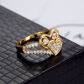 JewelryWe Double Heart Rings for Women Gold Plated Simulated Diamond CZ Wedding Bands Proposal Engagement Ring