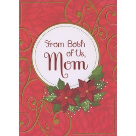 Designer Greetings Textured Gold Foil Swirls, Circular Banner and Poinsettias on Red Christmas Card for Mom from Both of Us