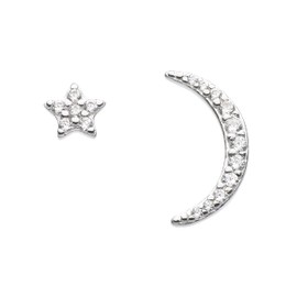Dew Sterling Silver and Cubic Zirconia Star and Crescent Stud Earrings