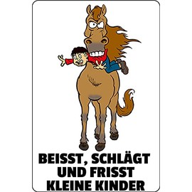 Schatzmix Tin Sign Saying Beisst schlägt und frisst kleine Kinder Horse Warning Sign Metal Sign Wall Decoration 20 x 30 Tin Sign