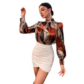 OYOANGLE Women's Long Sleeve Mock Neck Casual Work Office Leopard Satin Elegant Blouse Top Brown Black XS