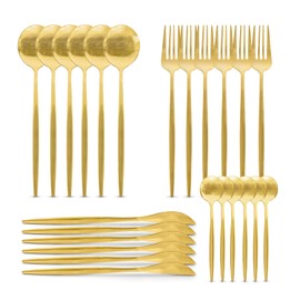 Juego de cubiertos de acero inoxidable de 24 piezas, Tenedor, Cuchara, Cuchillo, Set de cubiertos para 6 personas, Aptas para el lavavajillas (Dorado)