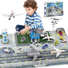 XDUOYJOY Airplane Toy Set with Trucks, Helicopter, Planes and Playmat, Airport Aviation Toys for Boys Girls, Great Gift for Birthday Christmas