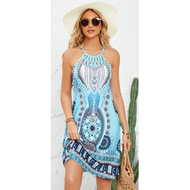 Bluetime Women's Beach Cover Ups Bathing Suit Swimsuit Vacation Swimwear Summer Boho Halter Dress with Poket(Blue Print,S)