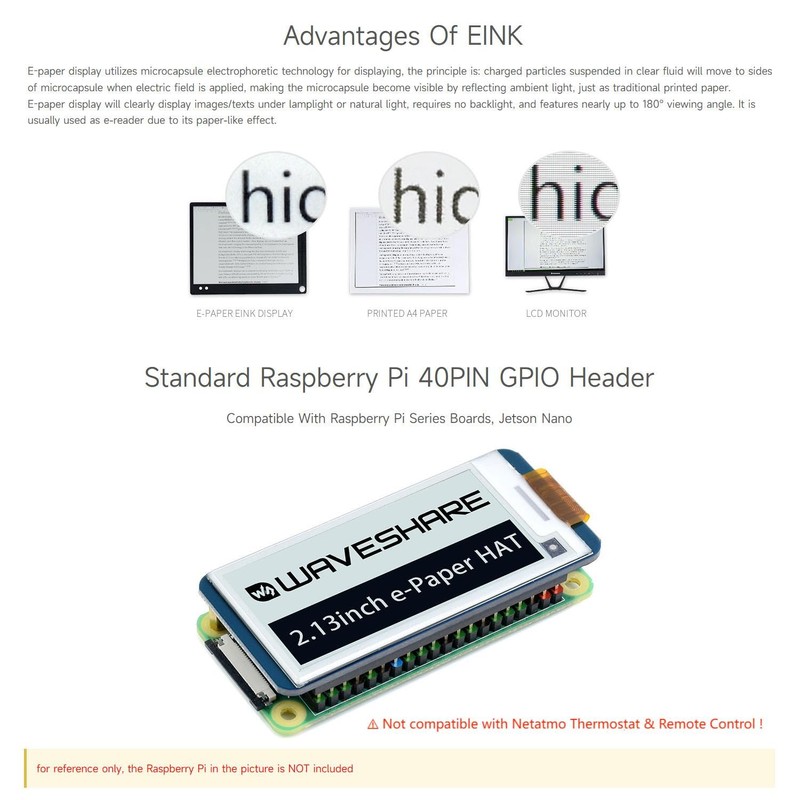 Waveshare 2.13 Inch e-Paper Display HAT 250x122 Resolution E-Ink Screen