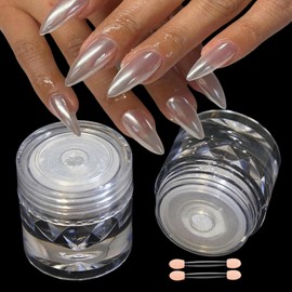 2Pcs White Chrome Nail Powder Moonlight Pearl Powder for Nails, Magic Clear Pearlescent Aurora Mirror Effect Gel Nail Glitter Powder Nails Art Design 0.5/Jar