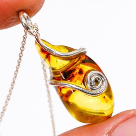 GEMKORA Natural Amber Crystals Wire Wrapped Pendant Necklace, Healing Rough Gemstone, Birthday, Gift for her, 925 Sterling Silver Christmas Jewelry 18 inch