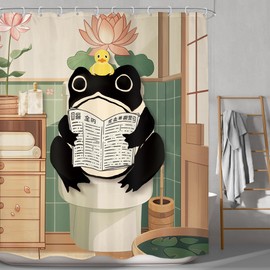LGhtyro Funny Frog Shower Curtain Bathroom Set 60Wx71H Inches Traditional Japanese Cute Animal Kwaii Rustic Wood Board Toilet Newspaper Bath Accessories Cute Art Home Decor Fabric 12 Pack Hooks