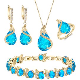 Ever Faith Women's Jewellery Sets Sky Blue Jewellery Sparkly Cubic Zirconia Birthstone Teardrop Necklace Earring Bracelet Ring Jewelry Sets for Women Birthday Gifts 4 PCS Gold-Tone