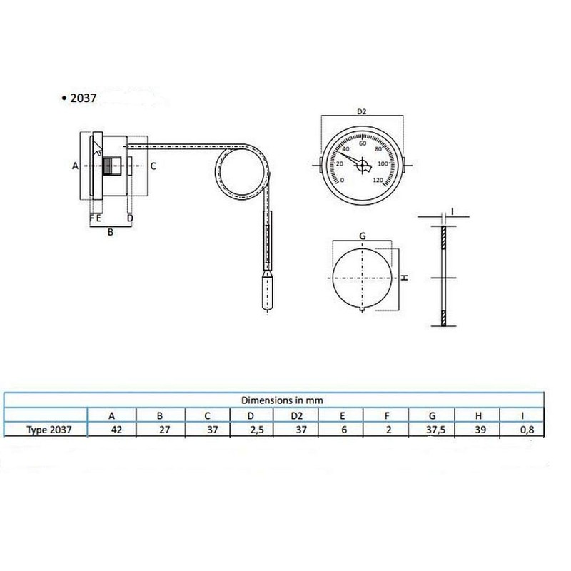 THERMIS 2037 Round Capillary Thermometer Used for Boilers, Heating and