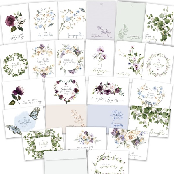 Sympathy Cards with Envelopes - 24 Sympathy Cards Pre-Scored and Double Sided - Unfolded 8.3 x 5.8 Folded 4.1 x 5.8 Condolences Card Set with Tasteful Message and 24 Watercolor Designs (Variety)