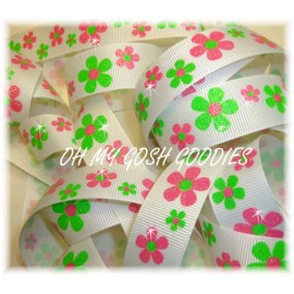 7/8 PINK LIME GLITTER FLOWER SPARKLE BLING GROSGRAIN RIBBON 4 SUMMER HAIRBOW BOW
