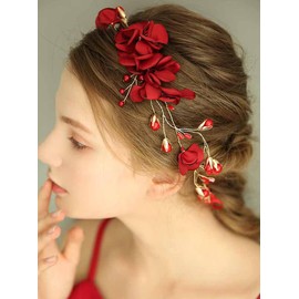 Teyglen Flower Bride Wedding Hair Vine Bridal Red Hair Vine Wedding Hair Accessories Floral Red Pearl Crystal Headband Boho Headpiece for Women