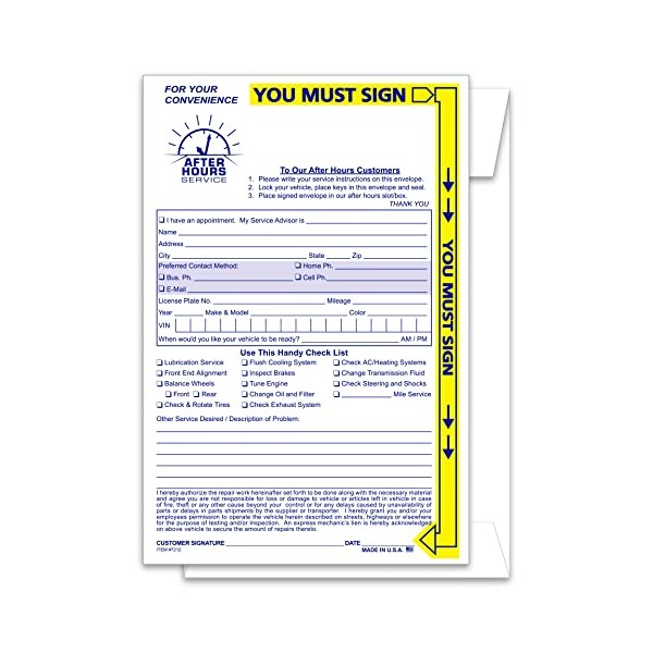 Yellow Highlight Night Drop Vehicle Keys Envelope for Service Oil