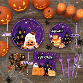 96 piezas de suministros de fiesta de Halloween, platos y servilletas de Halloween, decoración de fiesta de zombi, platos de papel para 24 (Violeta)