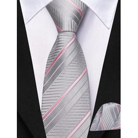Hi-Tie Boys Pre-Tied Necktie Pocket Square Set Adjustable Strap Ties for School Uniform Graduation Wedding Kids Age 8-14,Sliver Pink Pattern