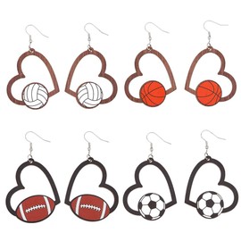 UNICRAFTALE 4 Pairs 4 Styles 2 Colors Heart Sports Ball Earrings Hollow Geometry Game Earrings Natural Wooden Basketball Football Volleyball Earrings Valentine's Day Birthday Gifts for Sports Players